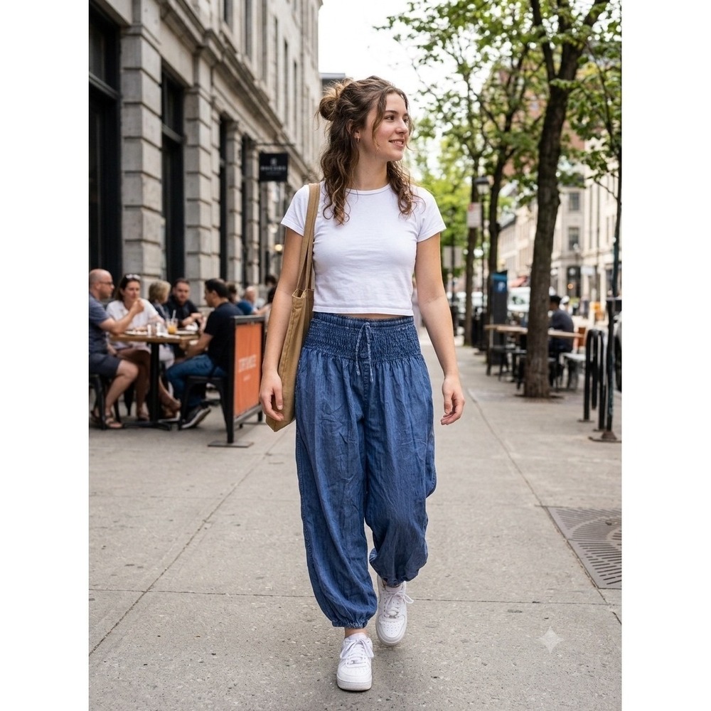 Boho Blue Cotton Smocked Waist Harem Pants Nepal Balloon Joggers Womens OS